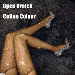 NEW COFFEE CROTCHLESS CRYSTAL FISHNETS